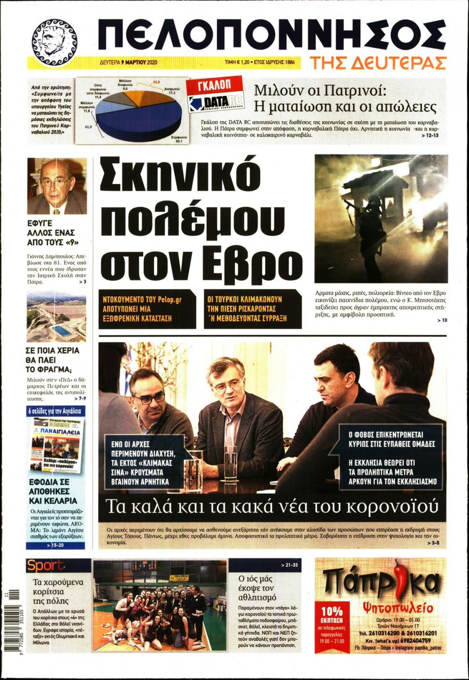 Πρωτοσέλιδο Εφημερίδας - ΠΕΛΟΠΟΝΝΗΣΟΣ - 2020-03-09