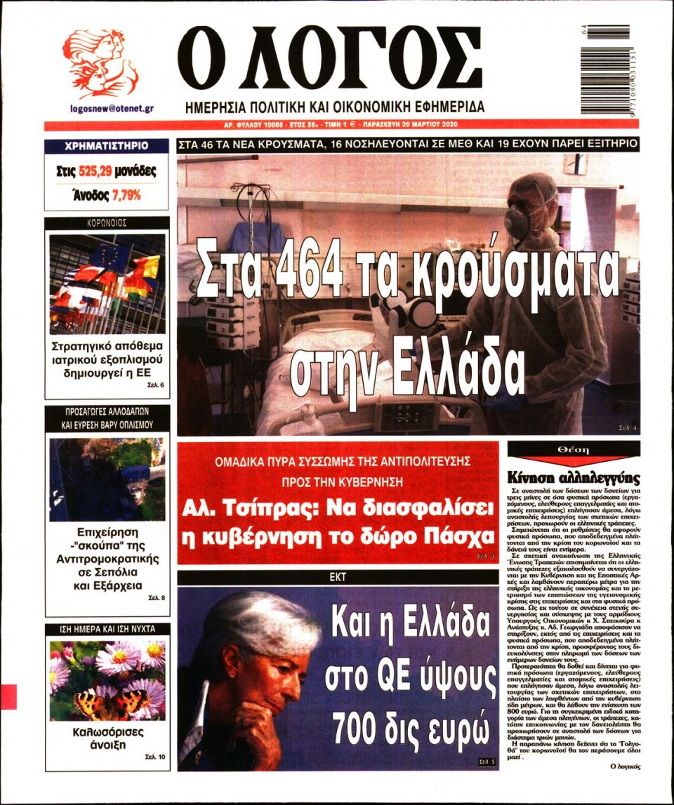 Πρωτοσέλιδο Εφημερίδας - Λόγος - 2020-03-20