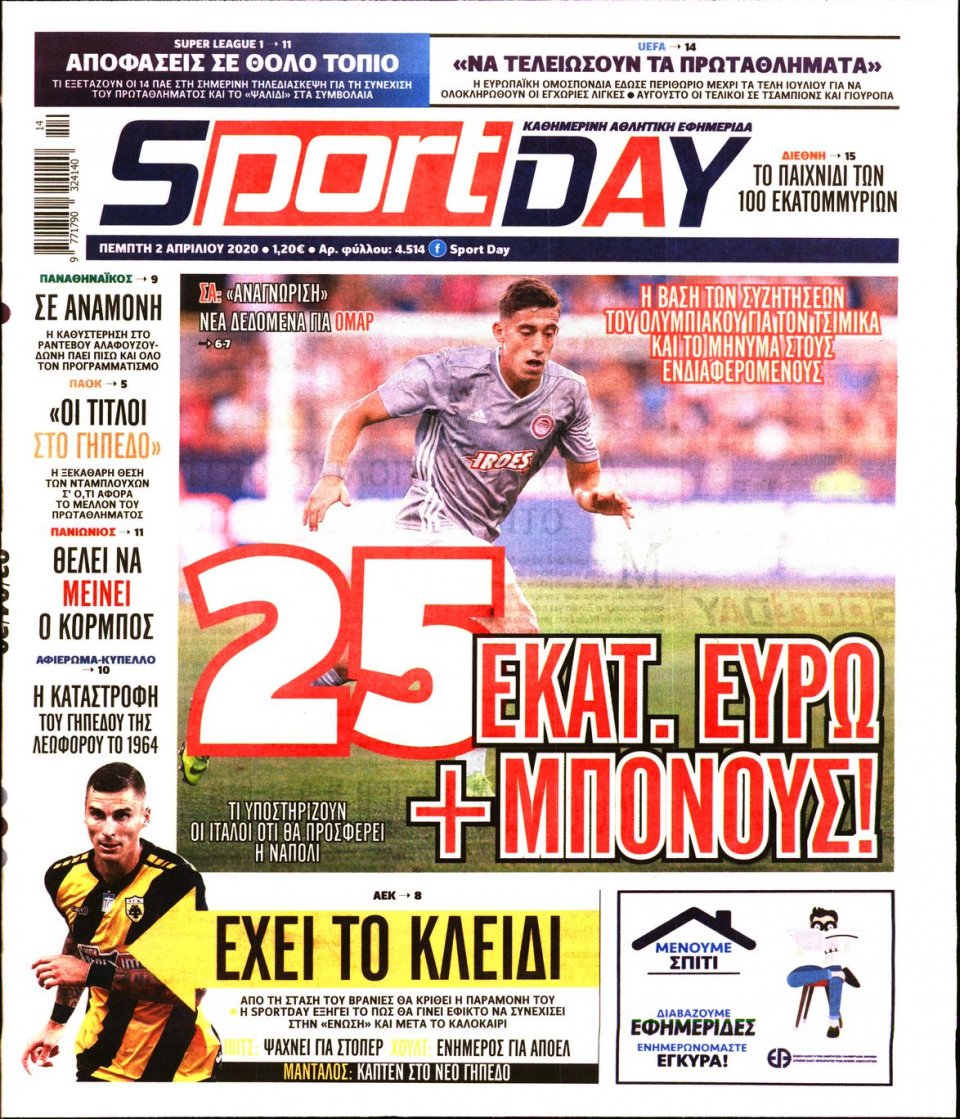Πρωτοσέλιδο Εφημερίδας - Sportday - 2020-04-02