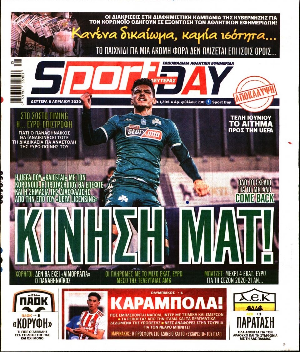 Πρωτοσέλιδο Εφημερίδας - Sportday - 2020-04-06