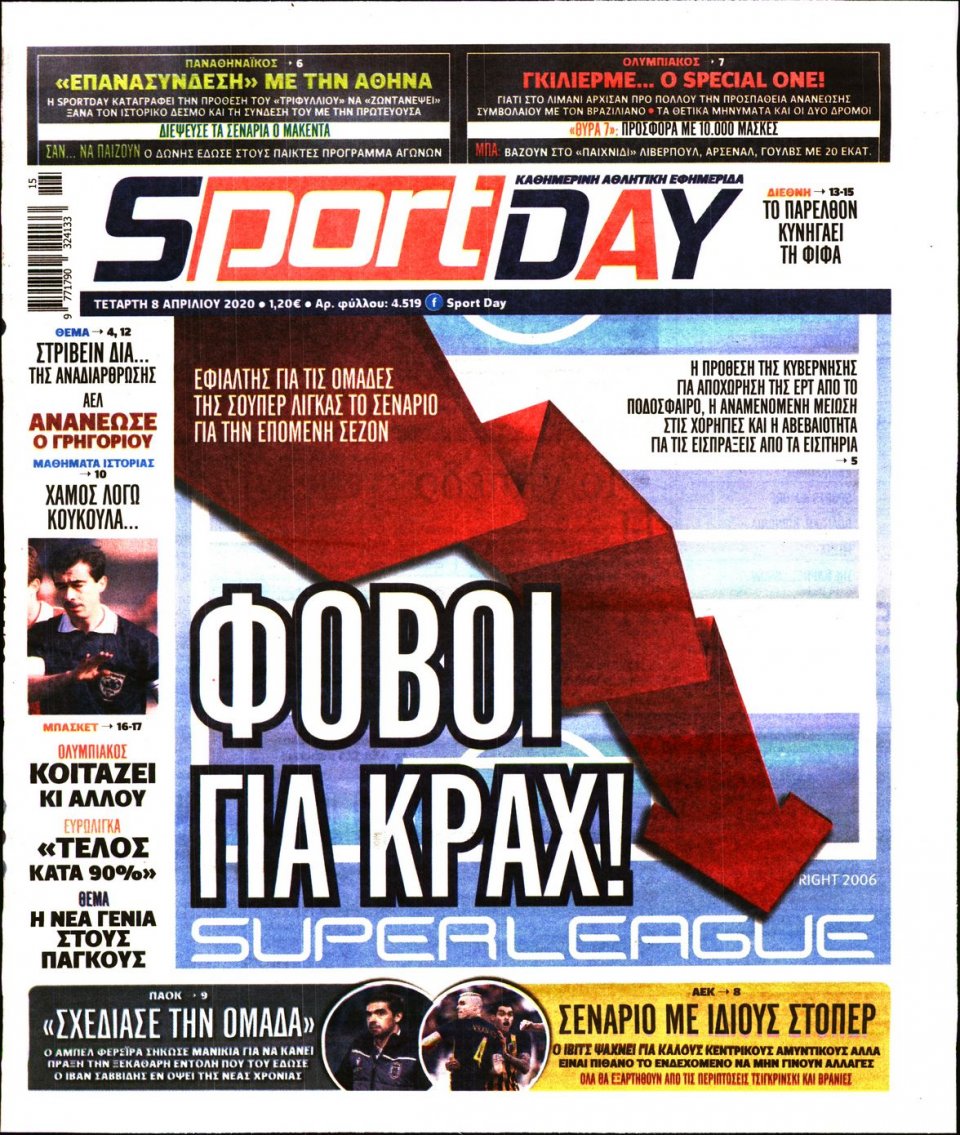 Πρωτοσέλιδο Εφημερίδας - Sportday - 2020-04-08