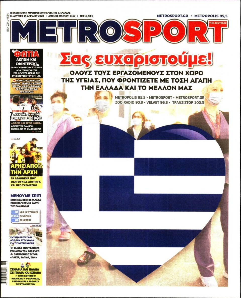Πρωτοσέλιδο Εφημερίδας - METROSPORT - 2020-04-13