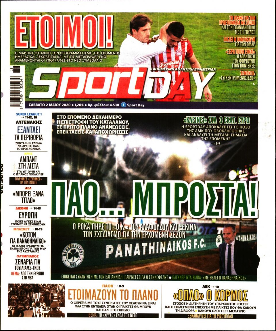 Πρωτοσέλιδο Εφημερίδας - Sportday - 2020-05-02