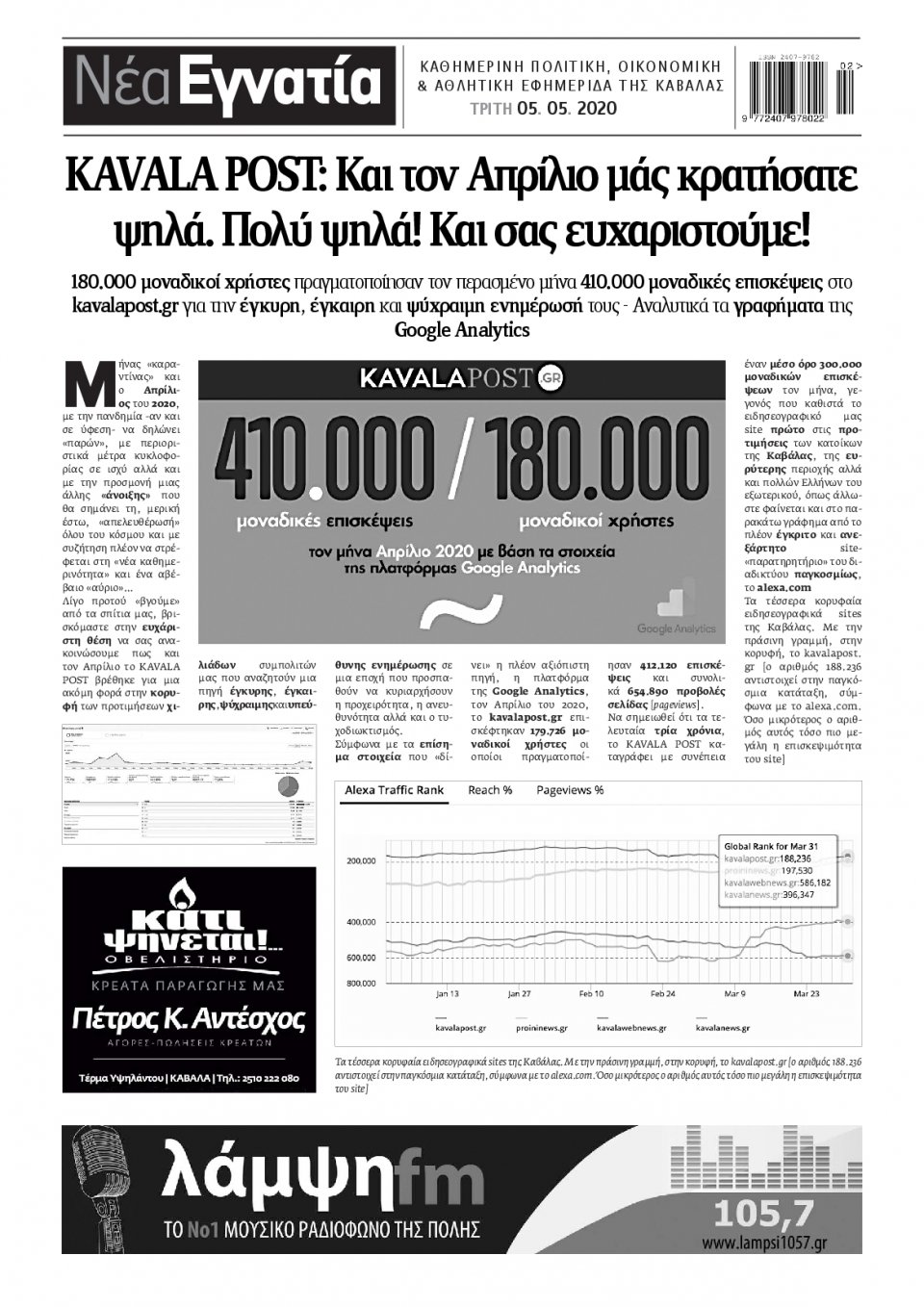 Οπισθόφυλλο Εφημερίδας - ΝΕΑ ΕΓΝΑΤΙΑ ΚΑΒΑΛΑΣ - 2020-05-05