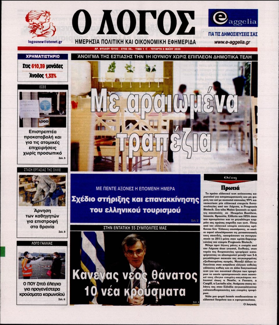 Πρωτοσέλιδο Εφημερίδας - Λόγος - 2020-05-06