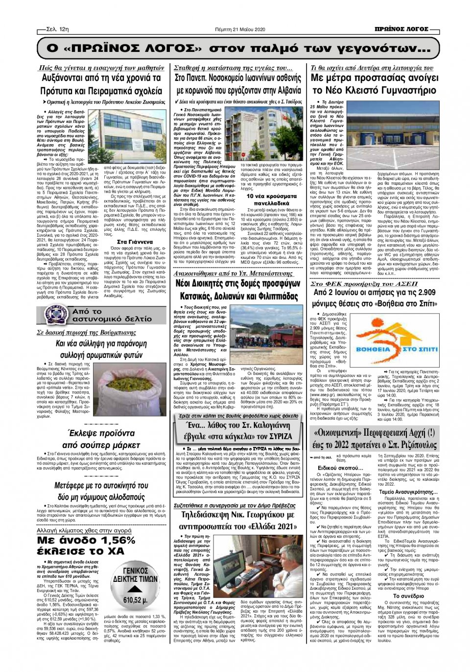 Οπισθόφυλλο Εφημερίδας - ΠΡΩΙΝΟΣ ΛΟΓΟΣ ΙΩΑΝΝΙΝΩΝ - 2020-05-21