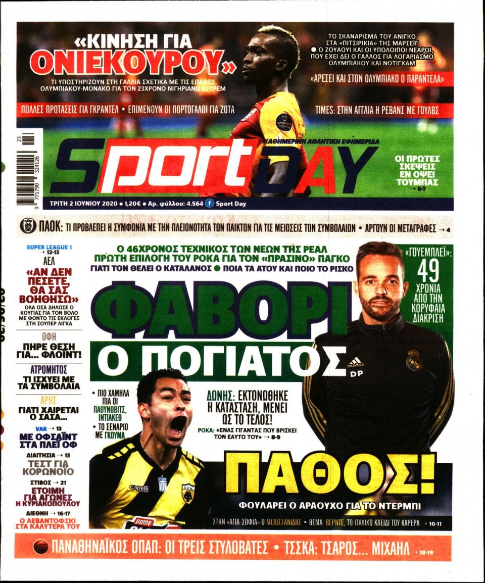 Πρωτοσέλιδο Εφημερίδας - Sportday - 2020-06-02