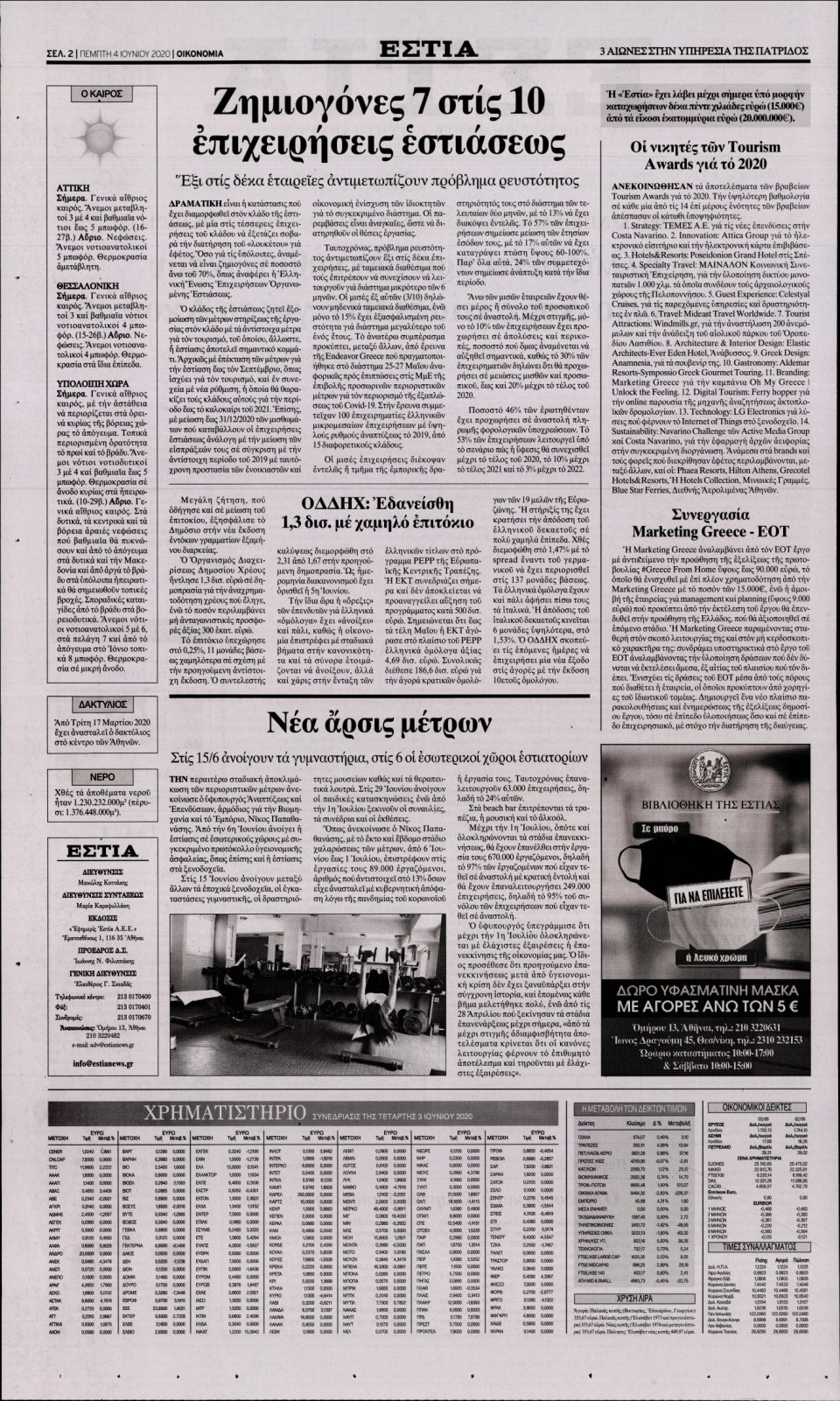Οπισθόφυλλο Εφημερίδας - Εστία - 2020-06-04