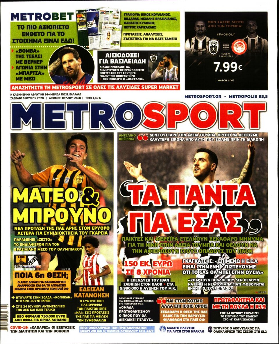 Πρωτοσέλιδο Εφημερίδας - METROSPORT - 2020-06-06
