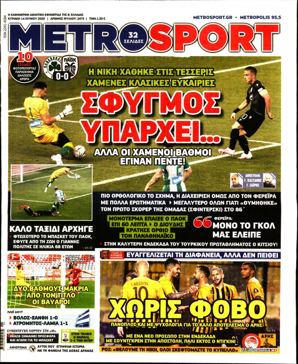 Πρωτοσέλιδο Εφημερίδας - METROSPORT - 2020-06-14