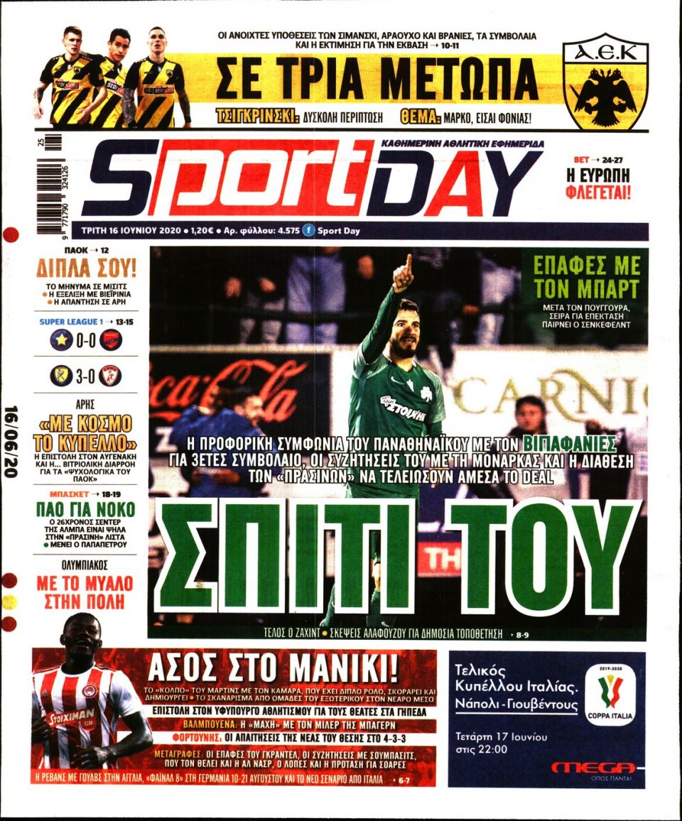 Πρωτοσέλιδο Εφημερίδας - Sportday - 2020-06-16