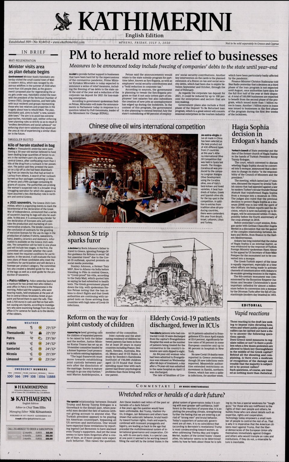Πρωτοσέλιδο Εφημερίδας - INTERNATIONAL NEW YORK TIMES_KATHIMERINI - 2020-07-03