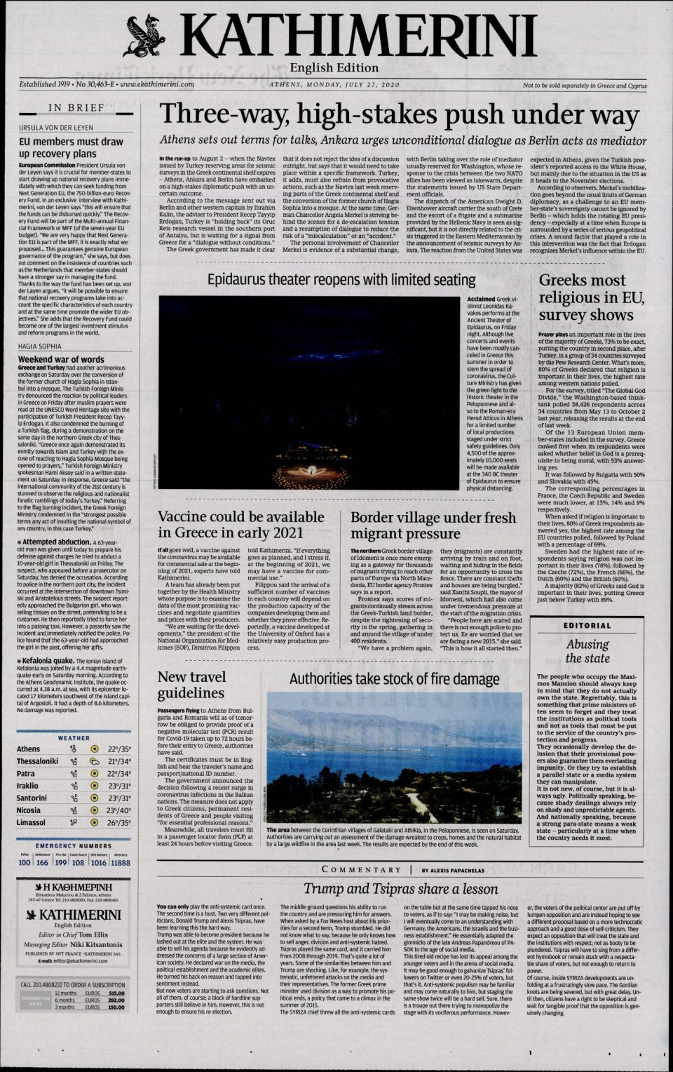 Πρωτοσέλιδο Εφημερίδας - INTERNATIONAL NEW YORK TIMES_KATHIMERINI - 2020-07-27