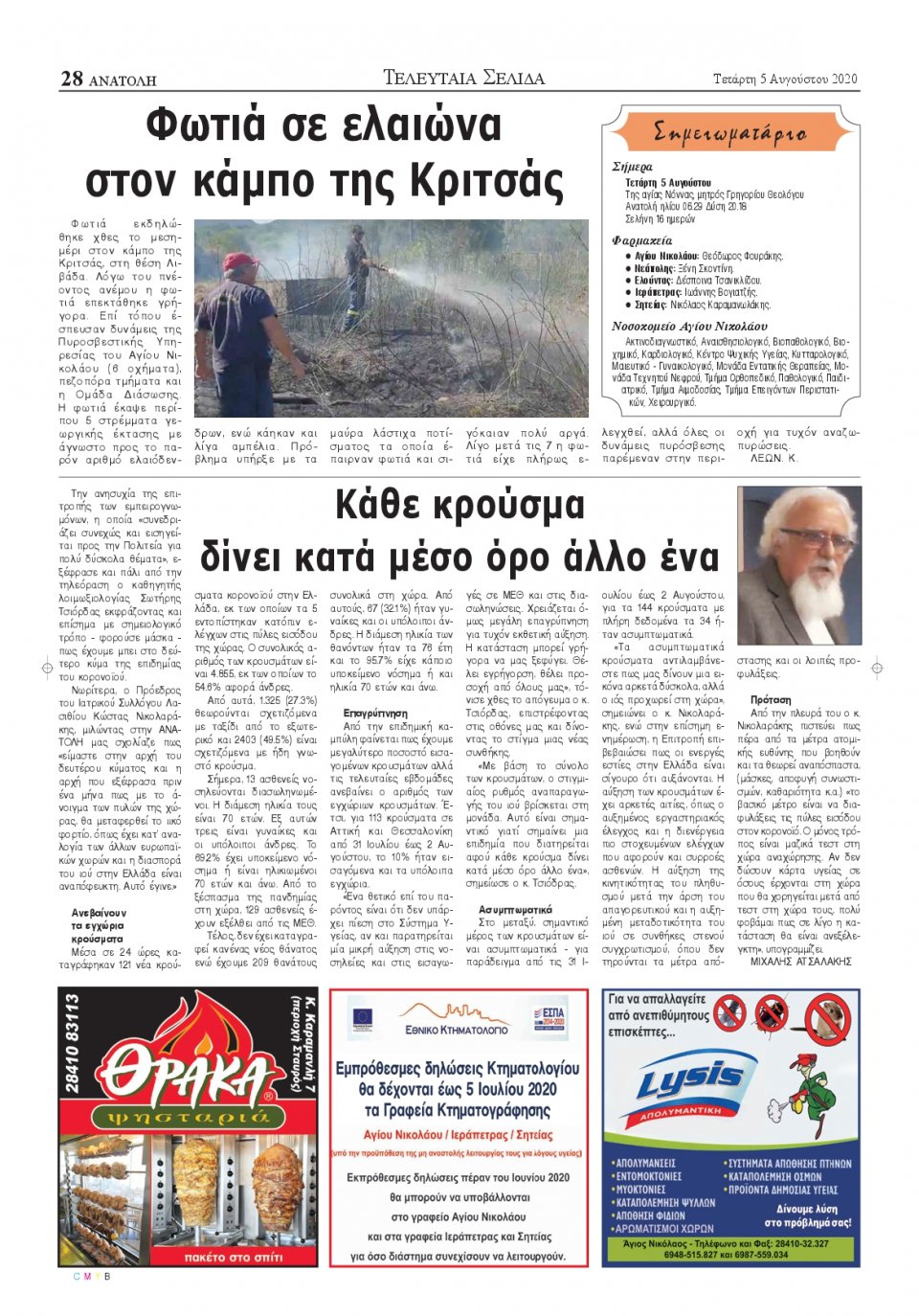 Οπισθόφυλλο Εφημερίδας - ΑΝΑΤΟΛΗ ΛΑΣΙΘΙΟΥ - 2020-08-05