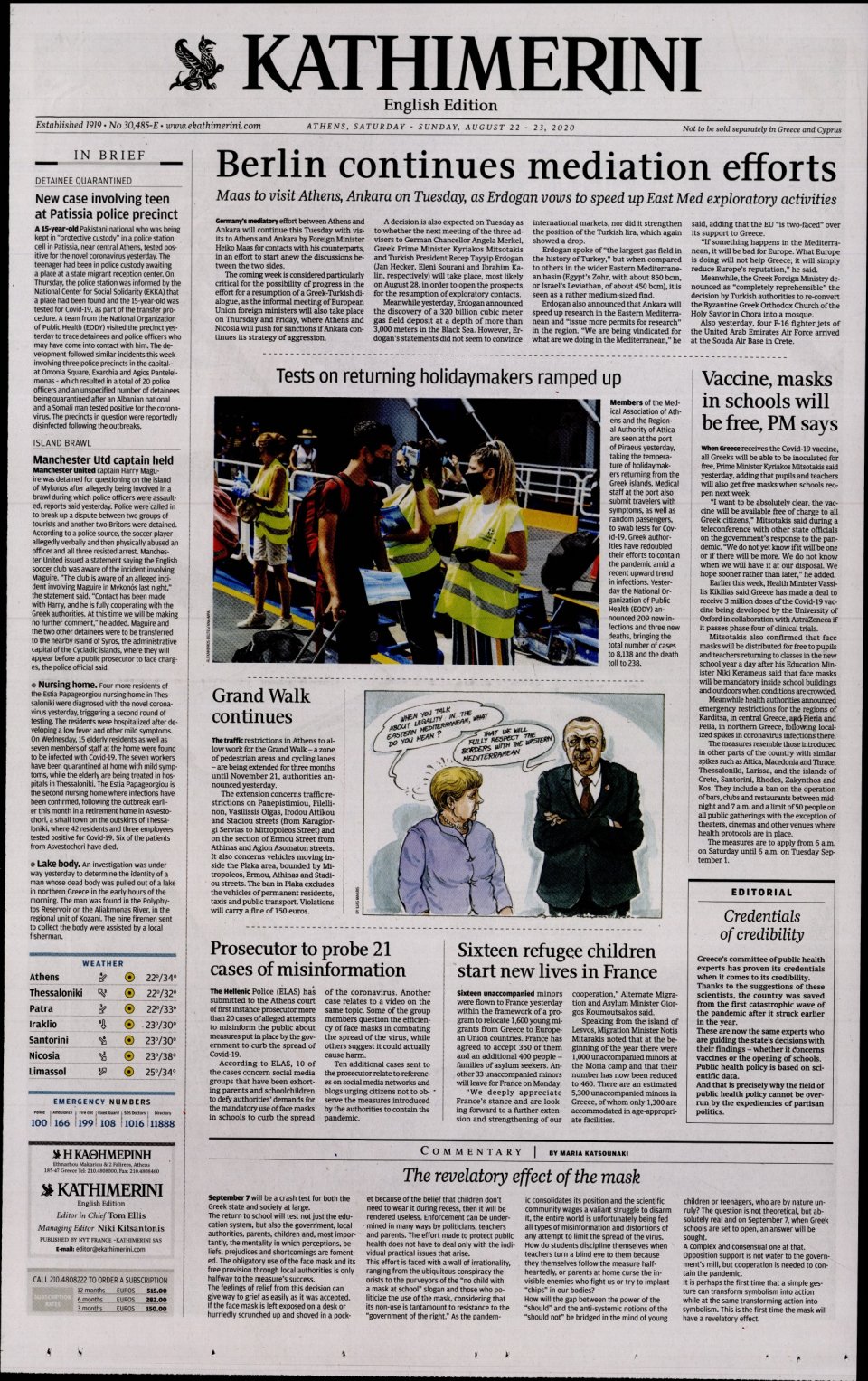 Πρωτοσέλιδο Εφημερίδας - INTERNATIONAL NEW YORK TIMES_KATHIMERINI - 2020-08-22