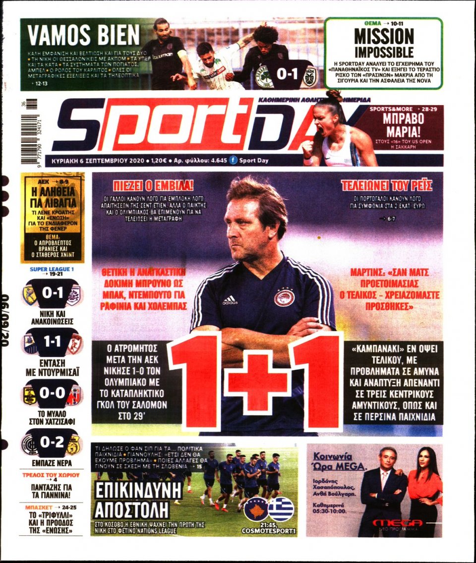 Πρωτοσέλιδο Εφημερίδας - Sportday - 2020-09-06