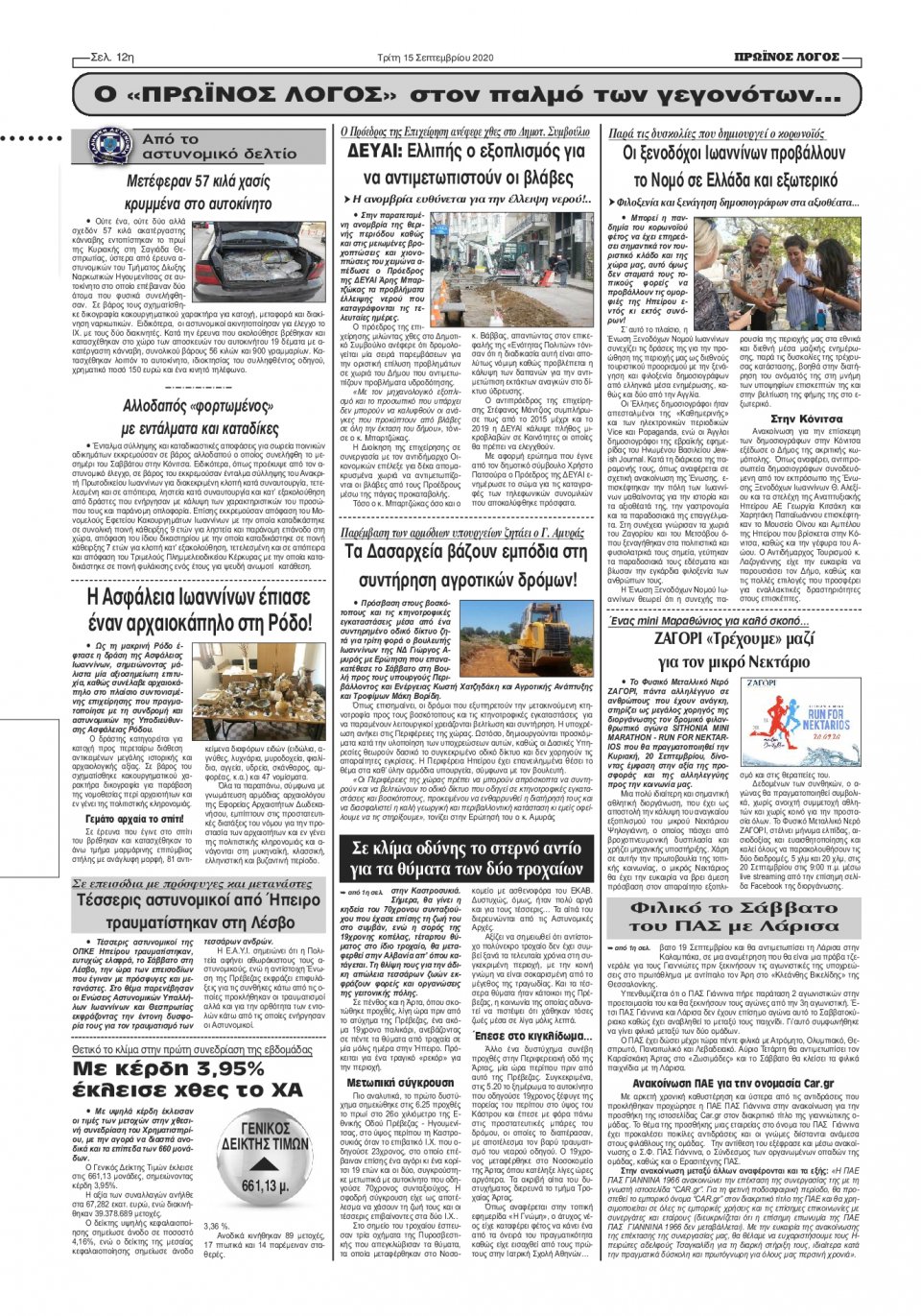Οπισθόφυλλο Εφημερίδας - ΠΡΩΙΝΟΣ ΛΟΓΟΣ ΙΩΑΝΝΙΝΩΝ - 2020-09-15