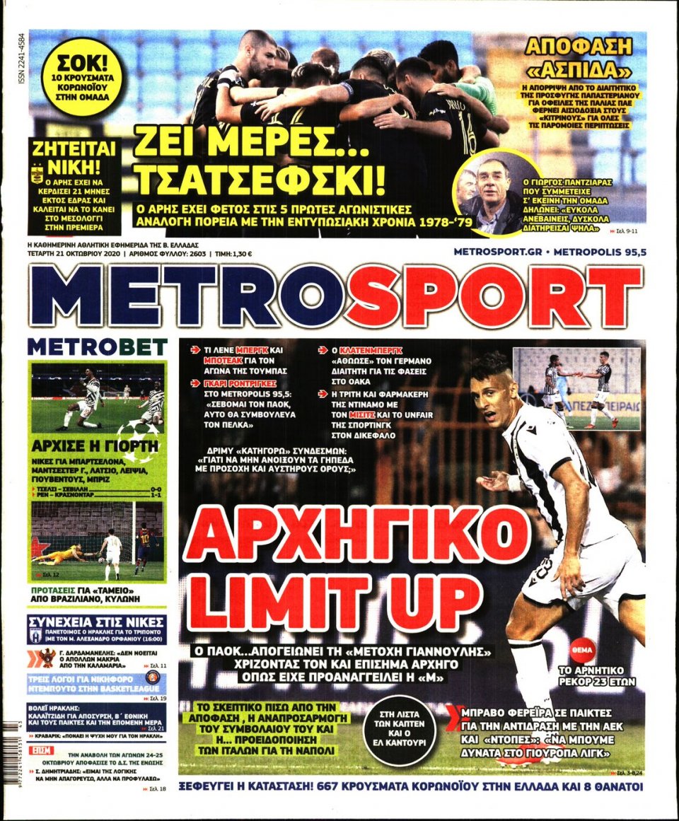 Πρωτοσέλιδο Εφημερίδας - METROSPORT - 2020-10-21