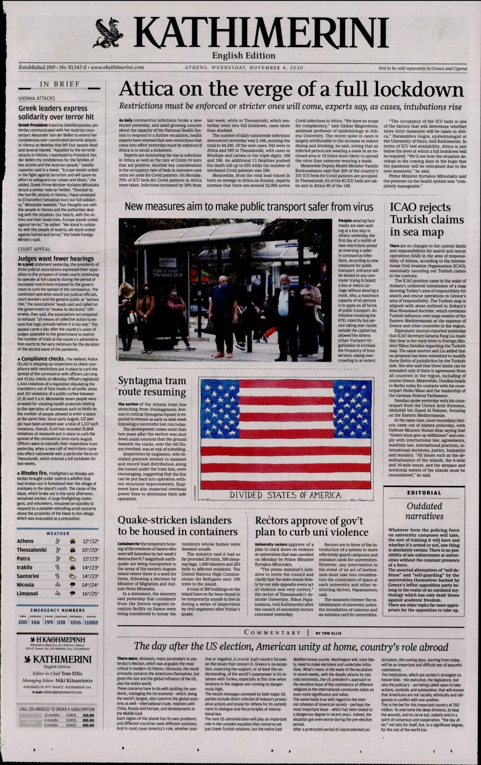Πρωτοσέλιδο Εφημερίδας - INTERNATIONAL NEW YORK TIMES_KATHIMERINI - 2020-11-04