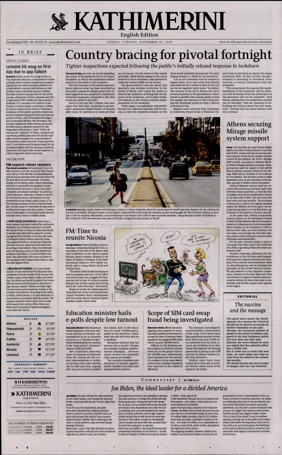 Πρωτοσέλιδο Εφημερίδας - INTERNATIONAL NEW YORK TIMES_KATHIMERINI - 2020-11-10