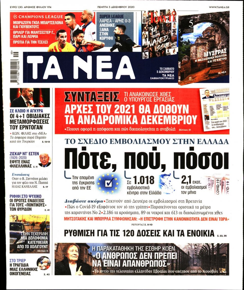 Πρωτοσέλιδο Εφημερίδας - Τα Νέα - 2020-12-03