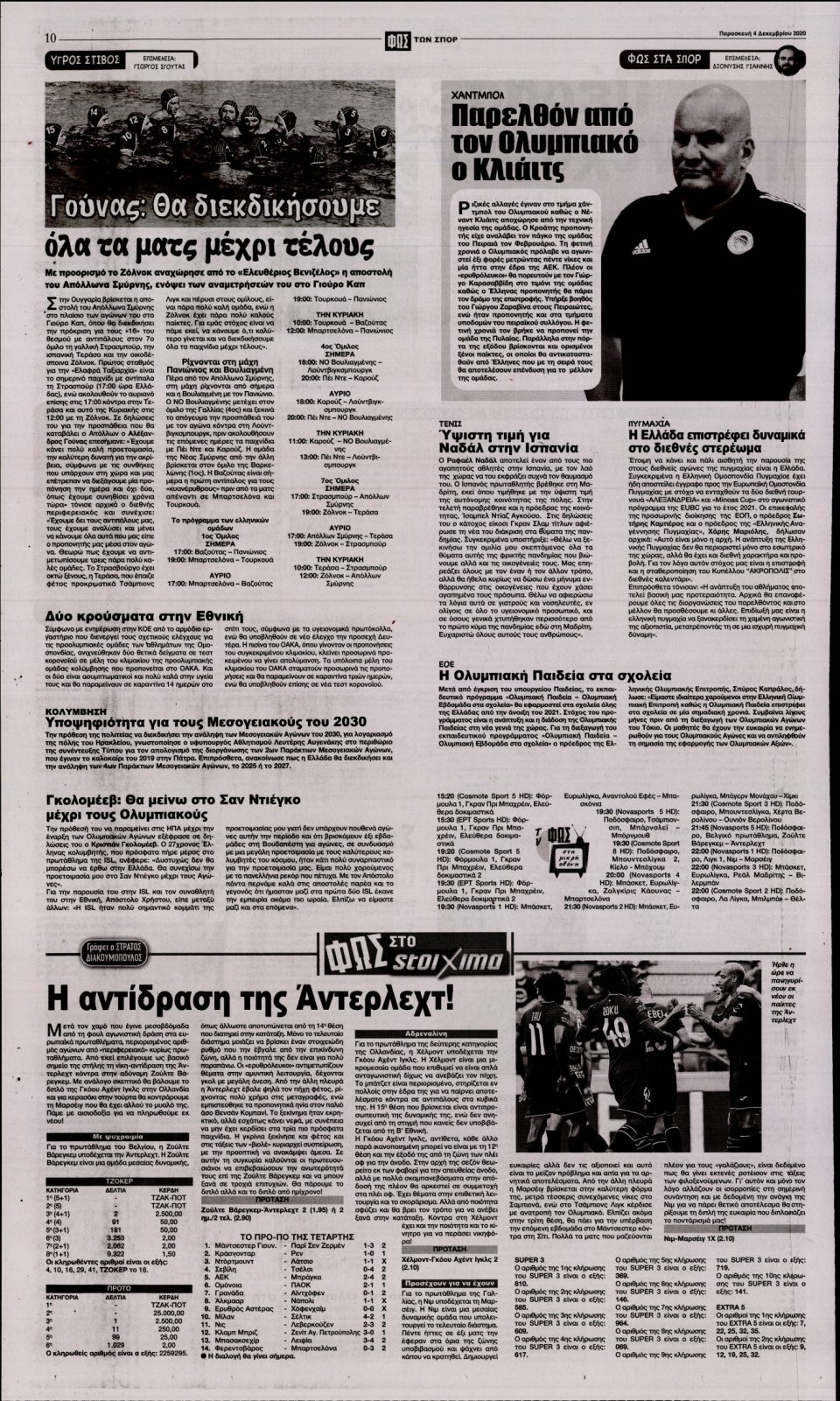 Οπισθόφυλλο Εφημερίδας - Φως των Σπορ - 2020-12-04