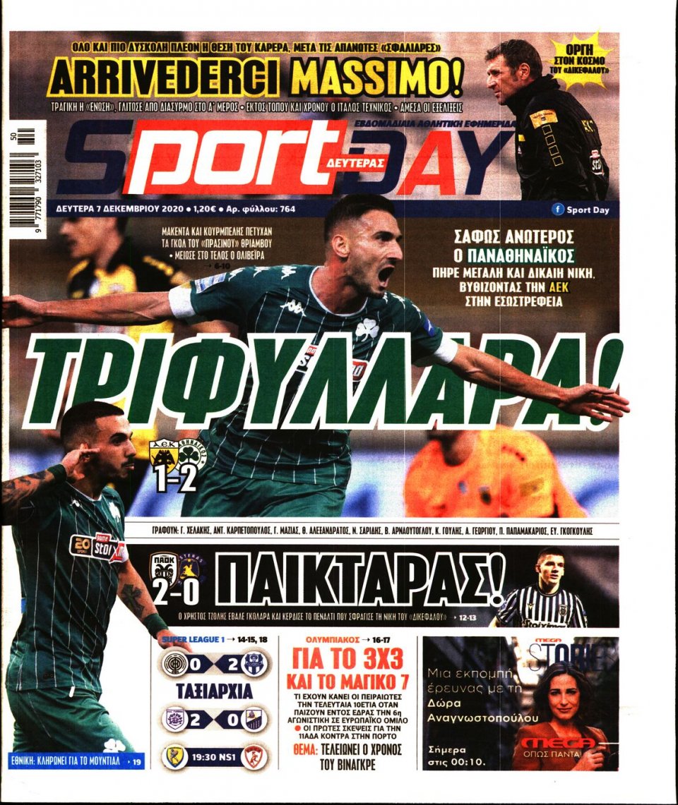 Πρωτοσέλιδο Εφημερίδας - Sportday - 2020-12-07