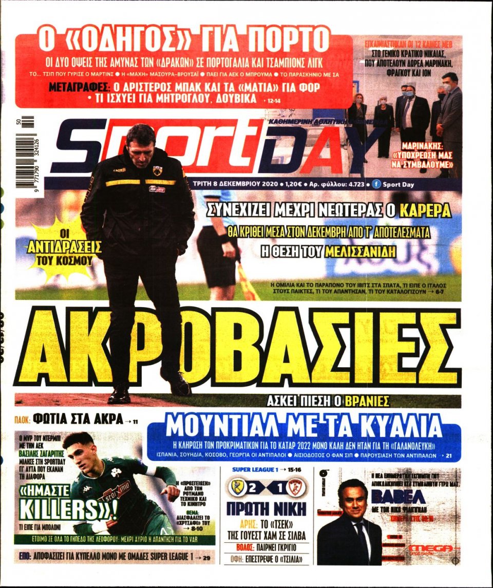 Πρωτοσέλιδο Εφημερίδας - Sportday - 2020-12-08