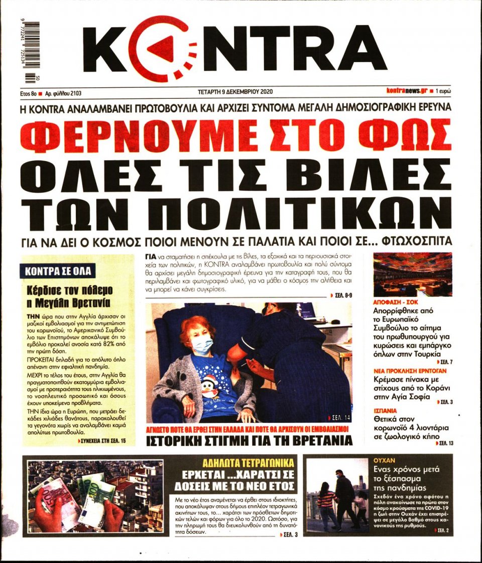 Πρωτοσέλιδο Εφημερίδας - KONTRA NEWS - 2020-12-09