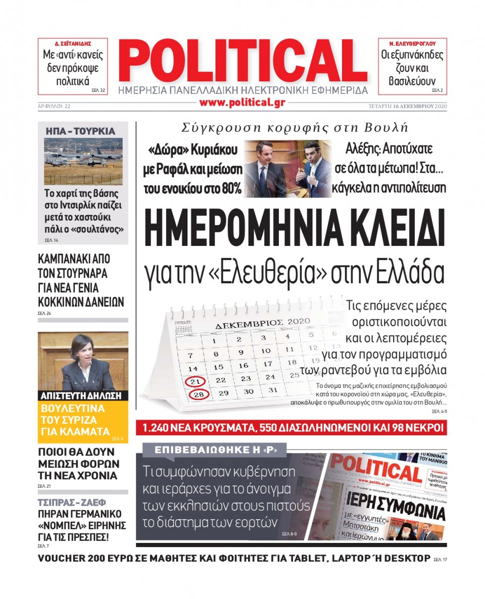 Πρωτοσέλιδο Εφημερίδας - POLITICAL - 2020-12-16