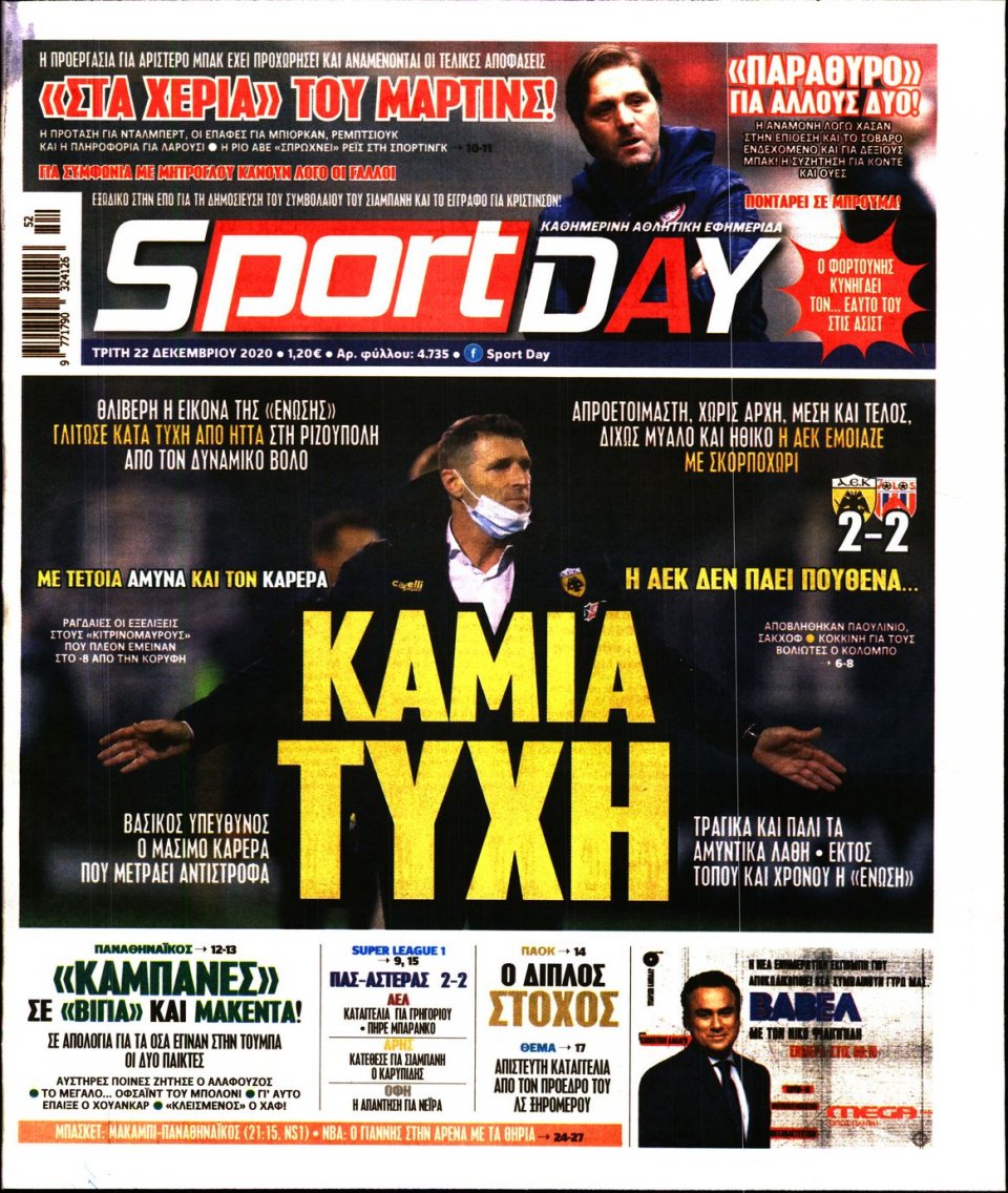 Πρωτοσέλιδο Εφημερίδας - Sportday - 2020-12-22