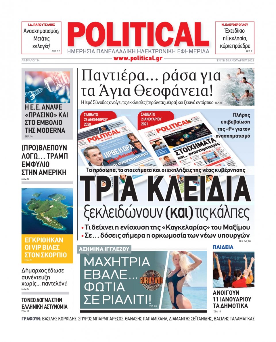 Πρωτοσέλιδο Εφημερίδας - POLITICAL - 2021-01-05