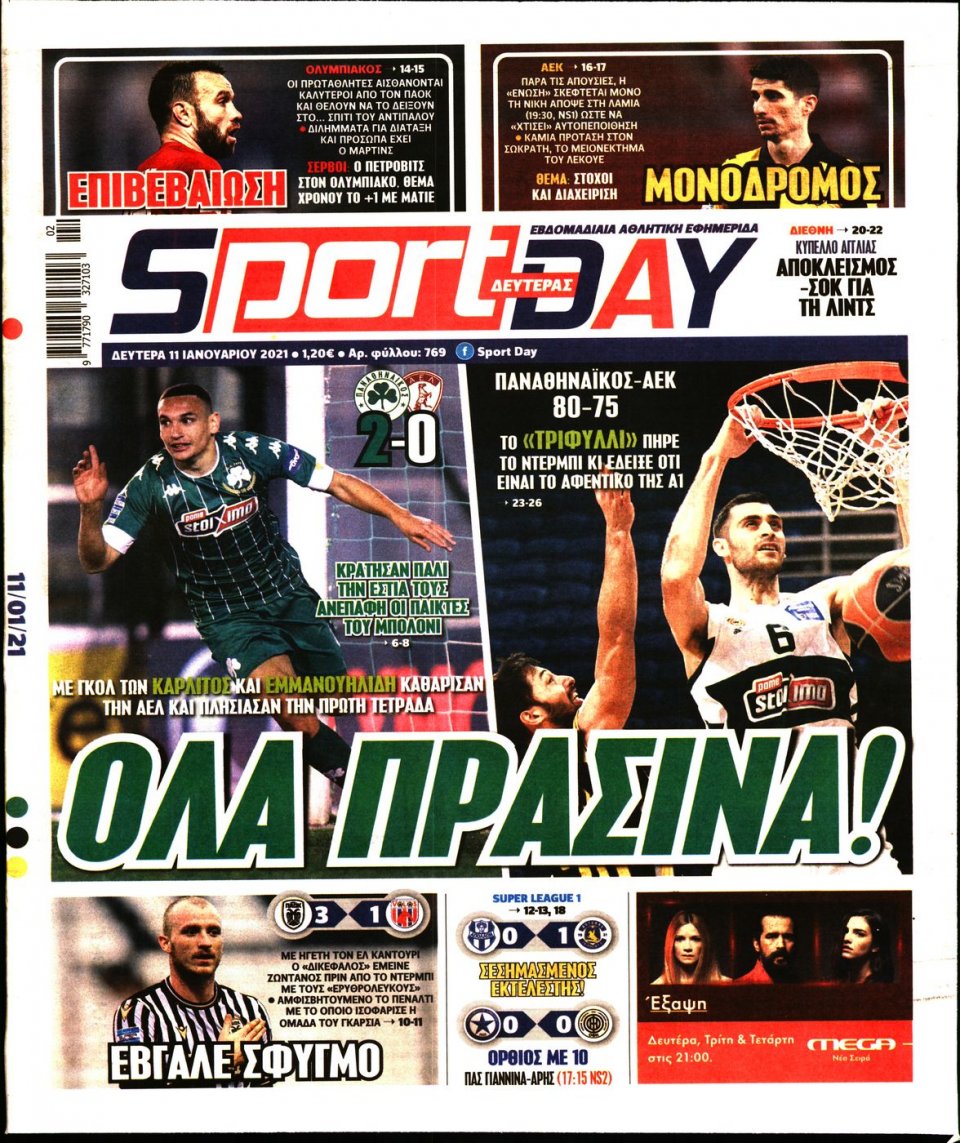 Πρωτοσέλιδο Εφημερίδας - Sportday - 2021-01-11