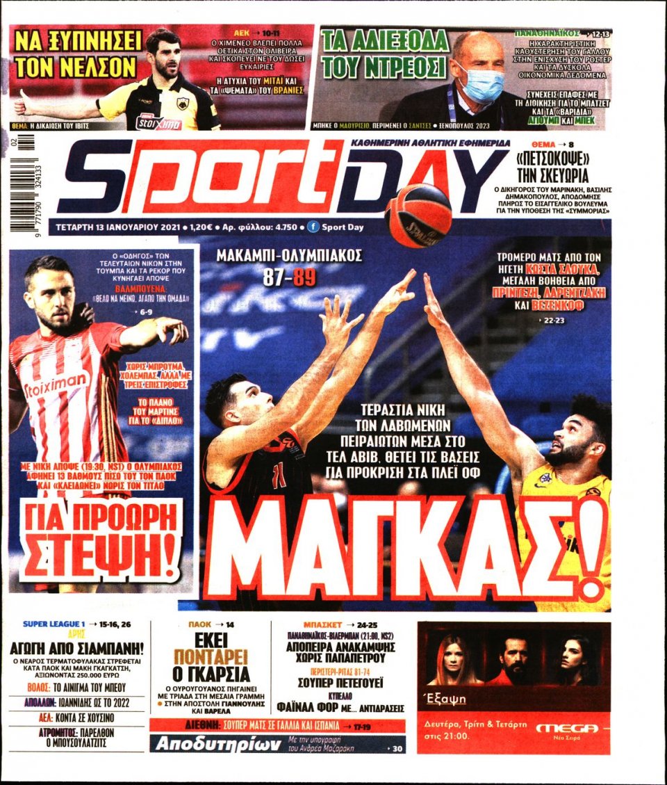Πρωτοσέλιδο Εφημερίδας - Sportday - 2021-01-13