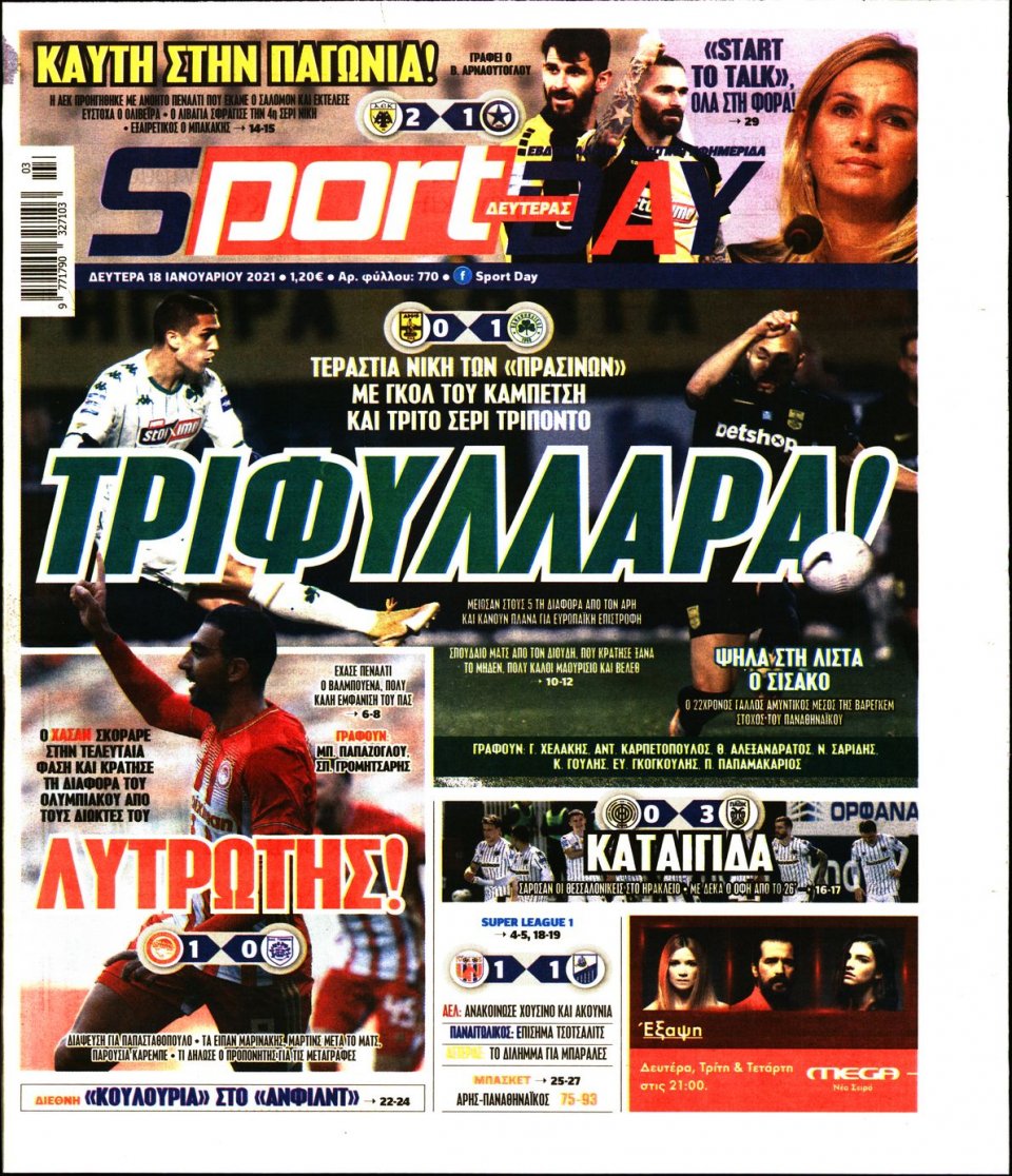 Πρωτοσέλιδο Εφημερίδας - Sportday - 2021-01-18