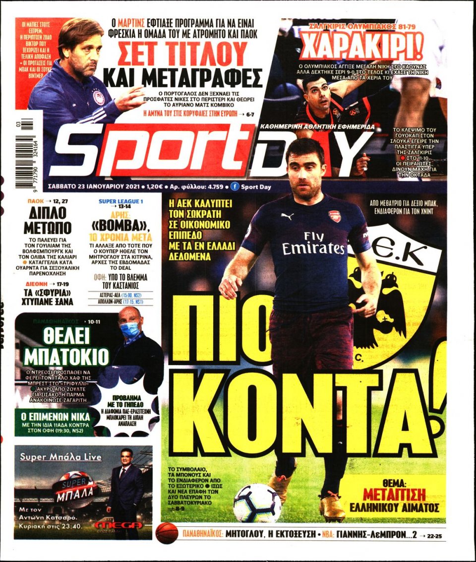 Πρωτοσέλιδο Εφημερίδας - Sportday - 2021-01-23