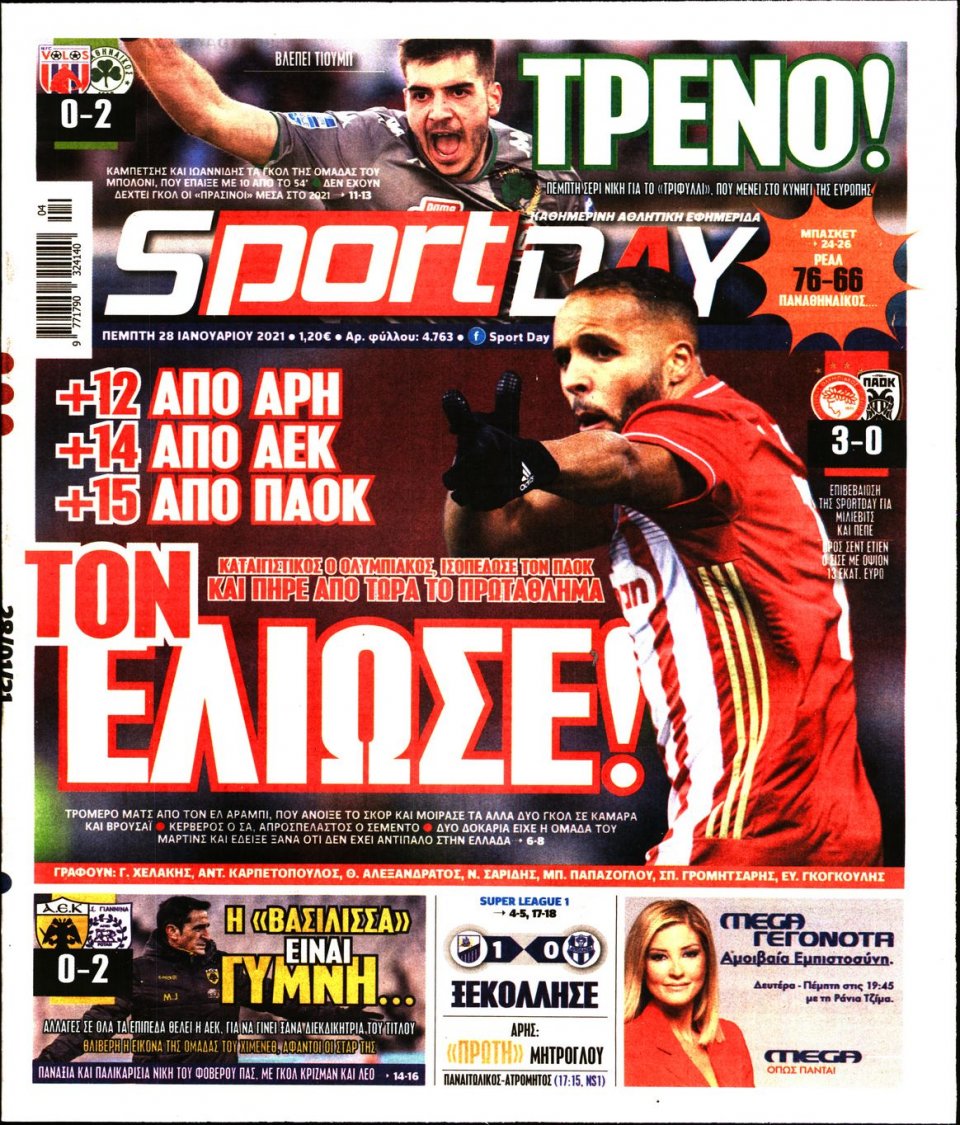 Πρωτοσέλιδο Εφημερίδας - Sportday - 2021-01-28