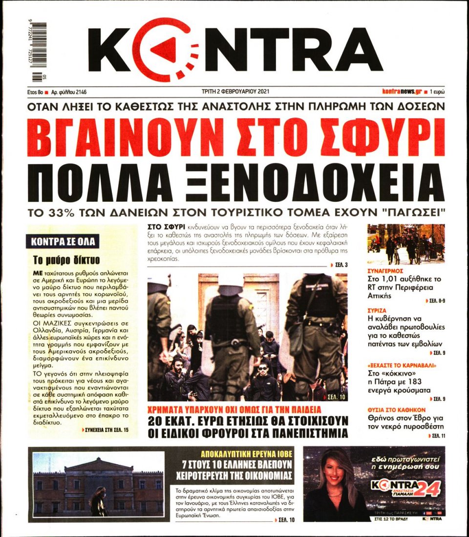 Πρωτοσέλιδο Εφημερίδας - KONTRA NEWS - 2021-02-02