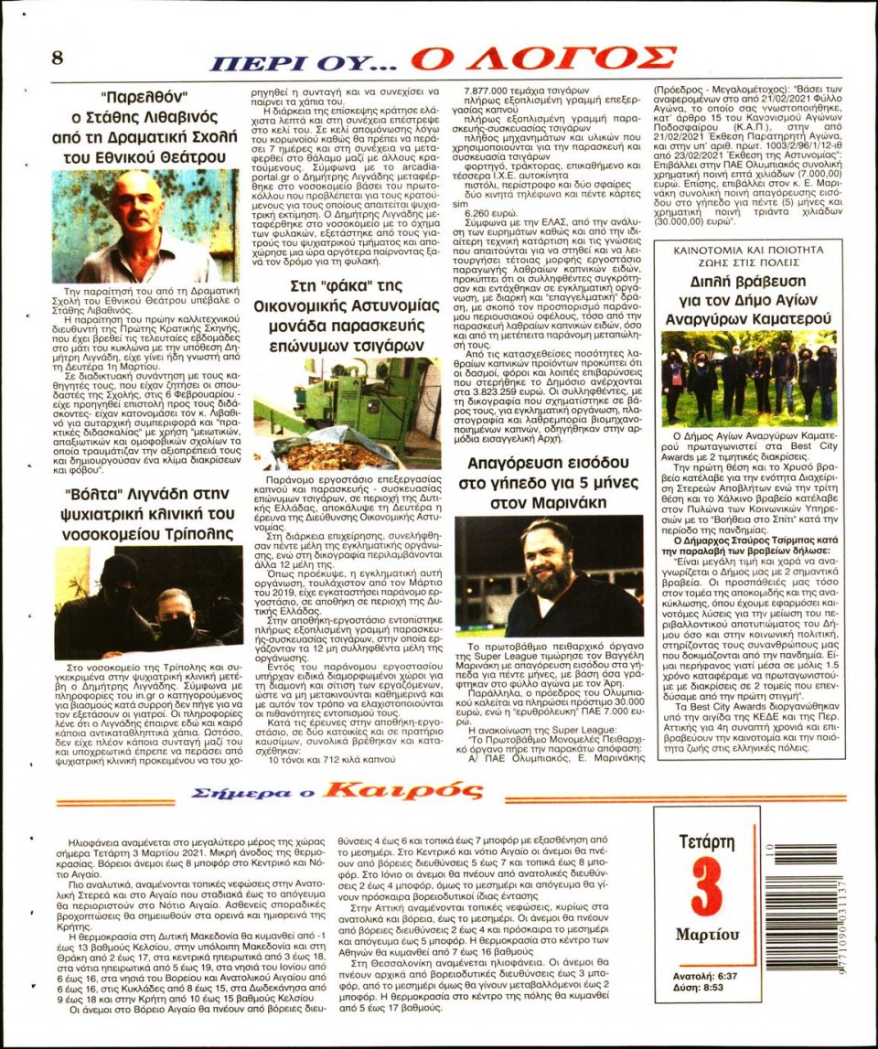 Οπισθόφυλλο Εφημερίδας - Λόγος - 2021-03-03