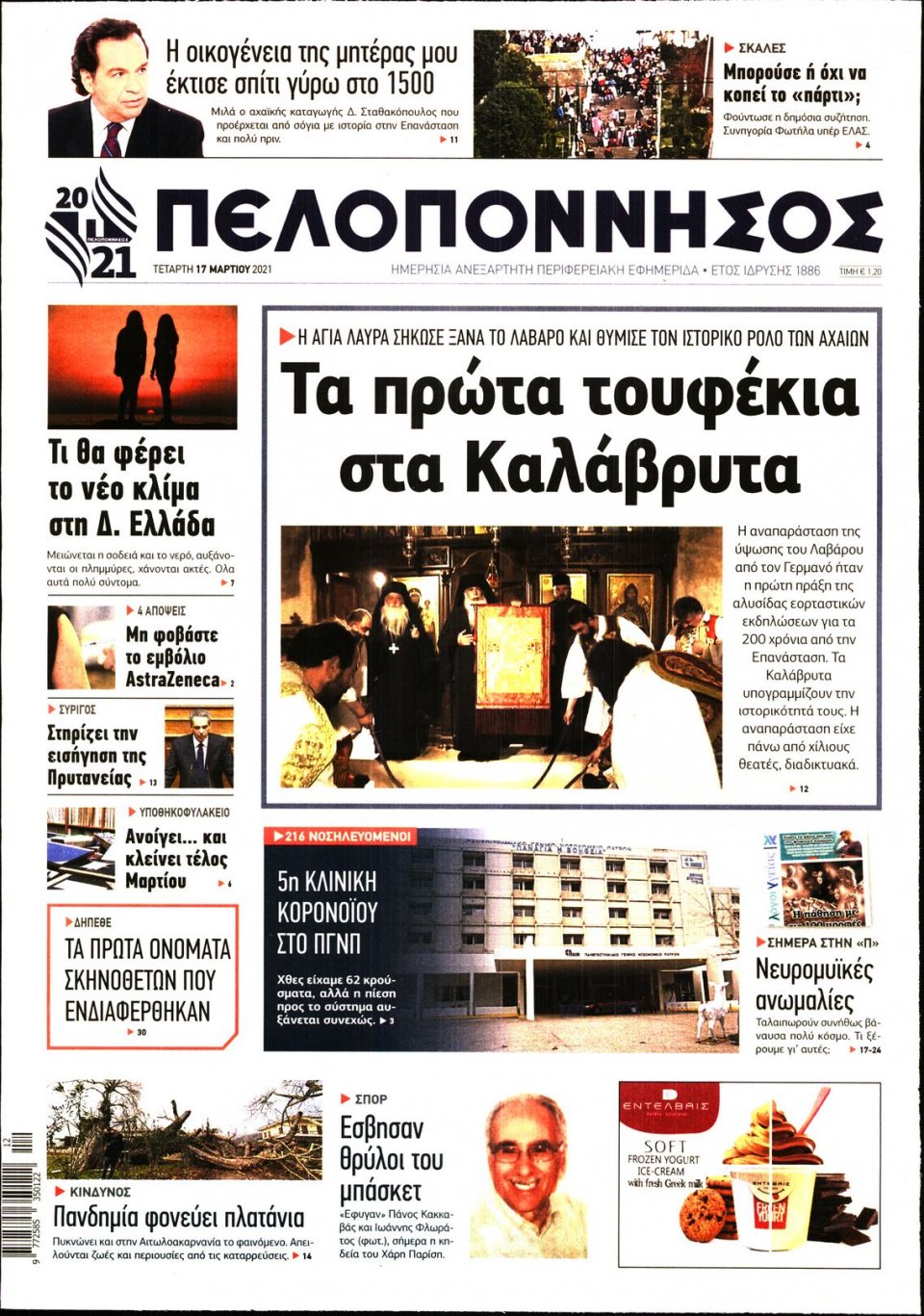 Πρωτοσέλιδο Εφημερίδας - ΠΕΛΟΠΟΝΝΗΣΟΣ - 2021-03-17