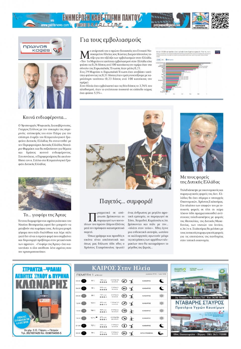 Οπισθόφυλλο Εφημερίδας - ΠΑΤΡΙΣ ΠΥΡΓΟΥ - 2021-04-01