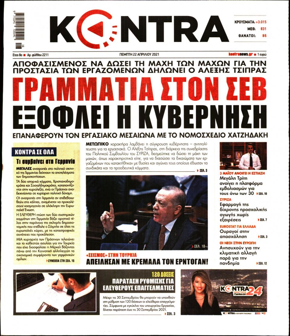Πρωτοσέλιδο Εφημερίδας - KONTRA NEWS - 2021-04-22