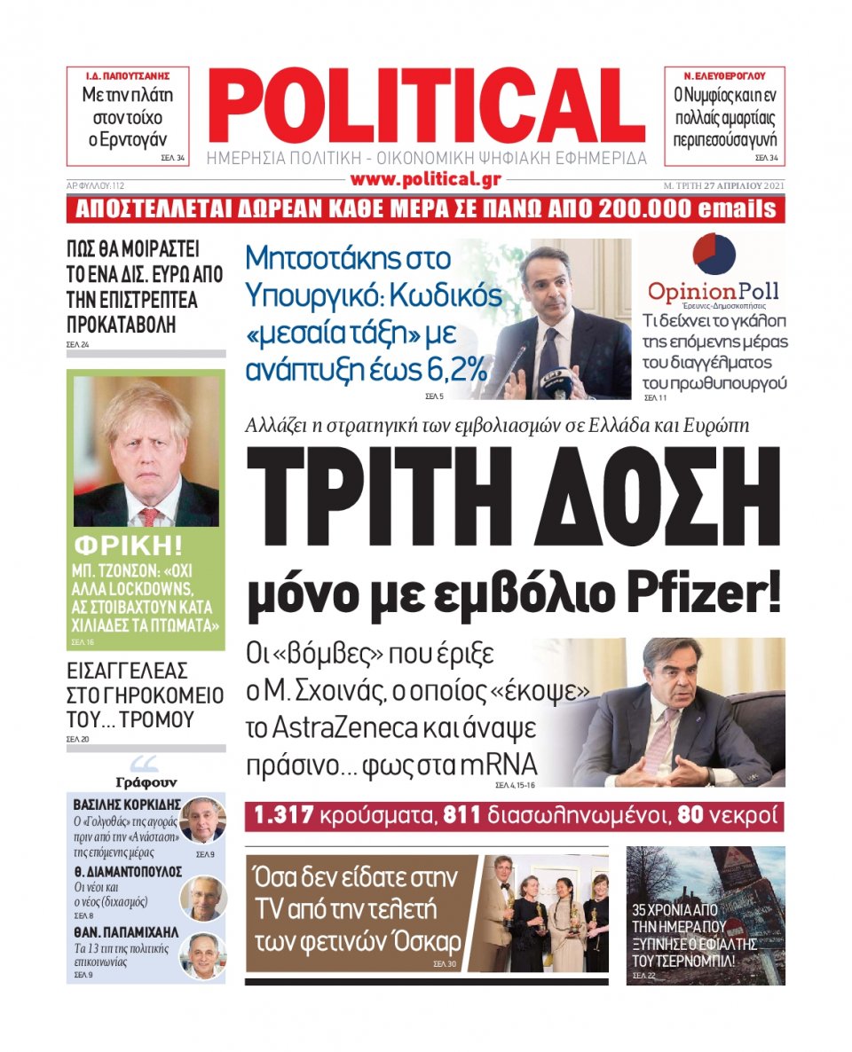 Πρωτοσέλιδο Εφημερίδας - POLITICAL - 2021-04-27