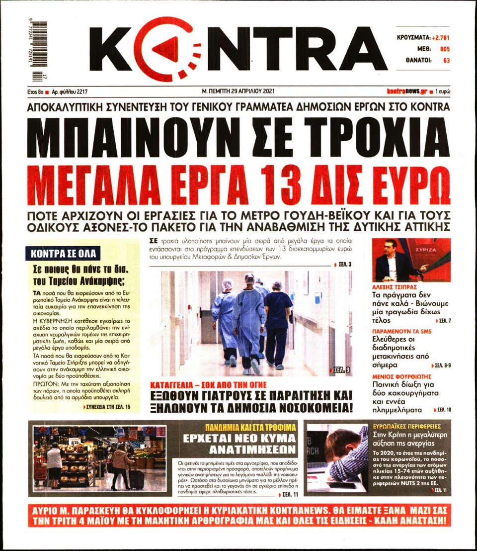 Πρωτοσέλιδο Εφημερίδας - KONTRA NEWS - 2021-04-29