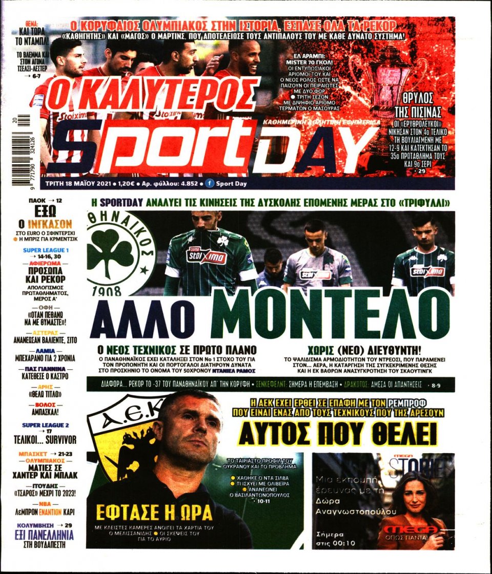 Πρωτοσέλιδο Εφημερίδας - Sportday - 2021-05-18