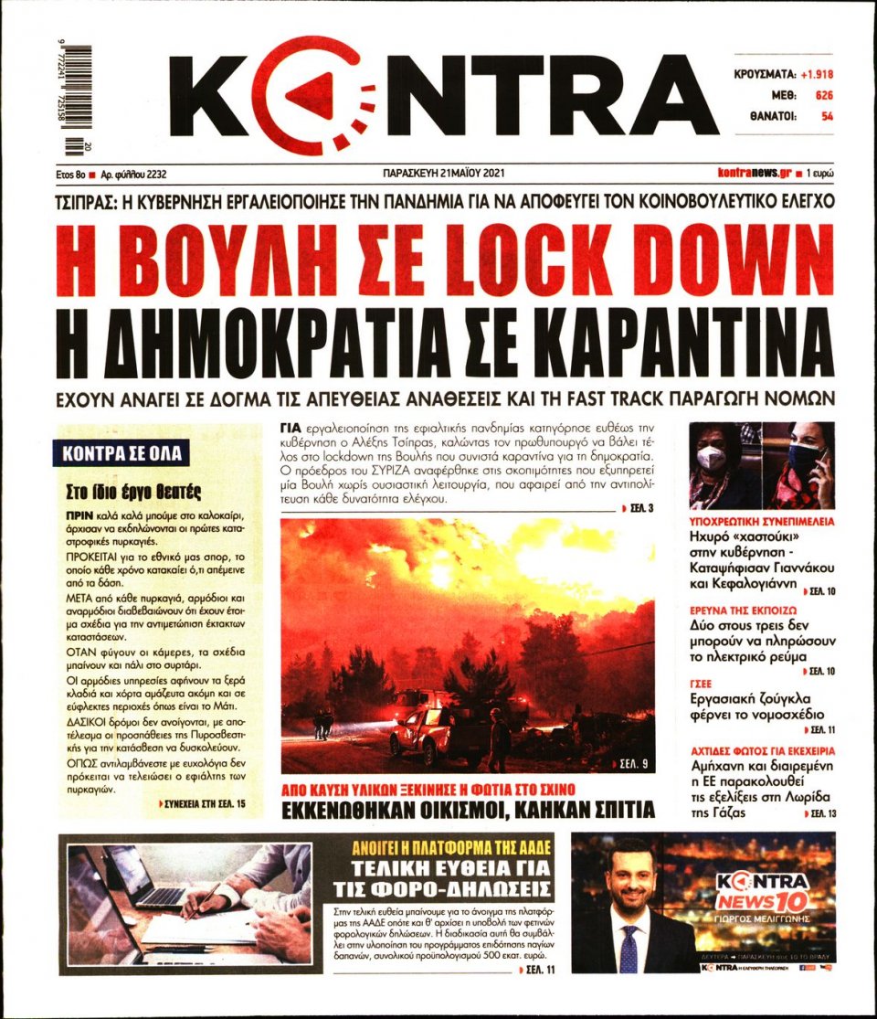 Πρωτοσέλιδο Εφημερίδας - KONTRA NEWS - 2021-05-21