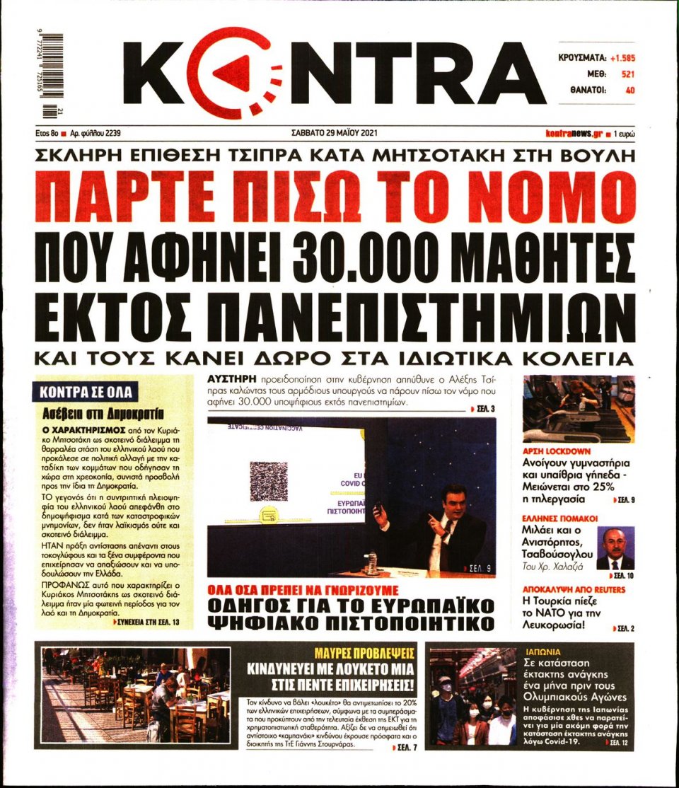 Πρωτοσέλιδο Εφημερίδας - KONTRA NEWS - 2021-05-29