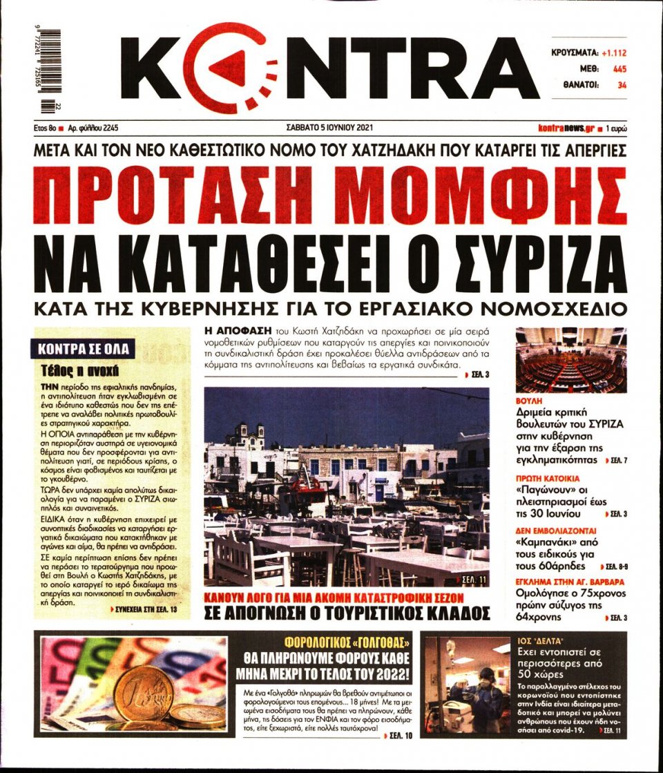 Πρωτοσέλιδο Εφημερίδας - KONTRA NEWS - 2021-06-05