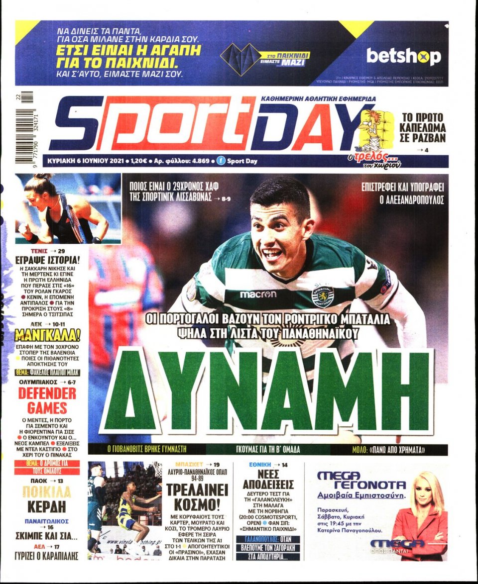 Πρωτοσέλιδο Εφημερίδας - Sportday - 2021-06-06