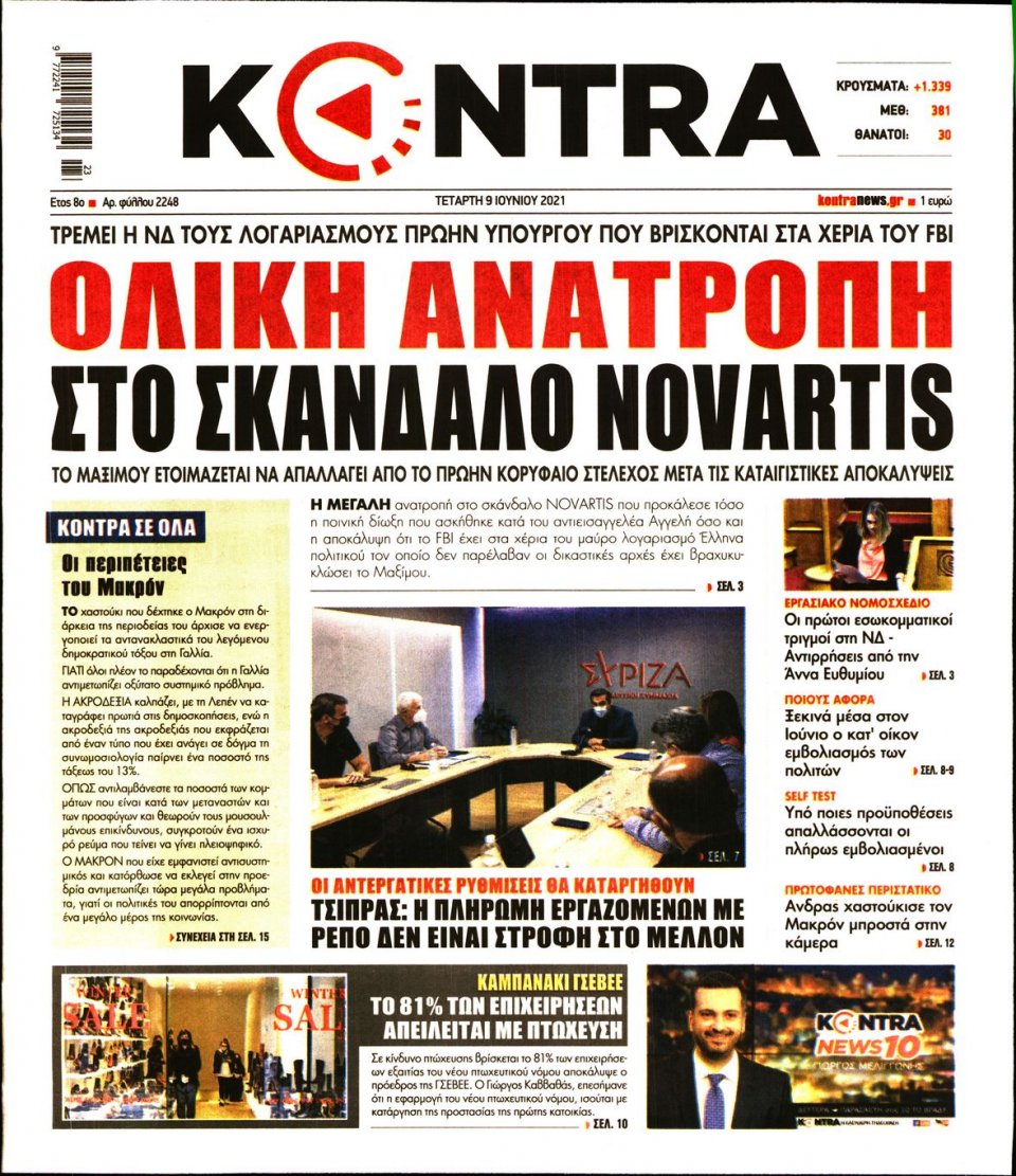Πρωτοσέλιδο Εφημερίδας - KONTRA NEWS - 2021-06-09